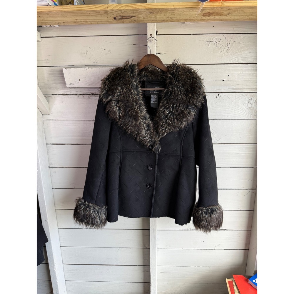 Utex Design Womens Black Faux Suede Fur Trim Coat Jacket Large Geometric Stitch